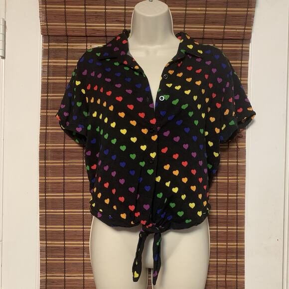 Spencer's Rainbow Heart Print Tie-Front Short Sleeve Button Up Top L - Picture 1 of 5
